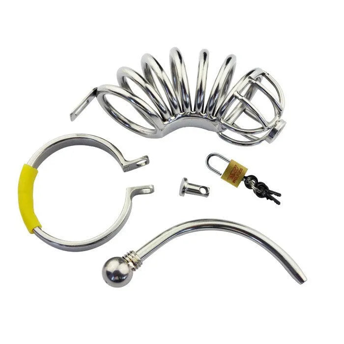 Stainless steel male chastity device with catheter and lock, four ring sizes