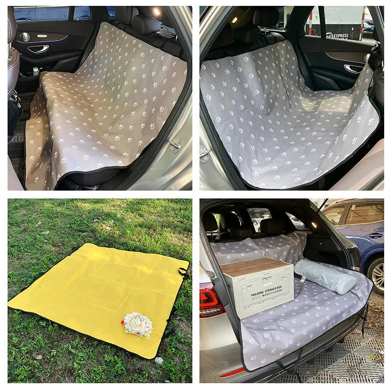 Car pet mat covering rear seat with water resistant cloth material in choice of colours and paw print designs