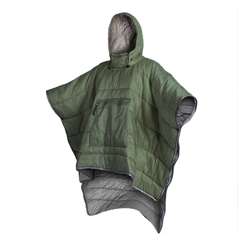 Adult outdoor cloak sleeping bag in Army Green or Gray, shown as wearable cape and laid flat as 200x140cm blanket