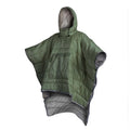Adult outdoor cloak sleeping bag in Army Green or Gray, shown as wearable cape and laid flat as 200x140cm blanket
