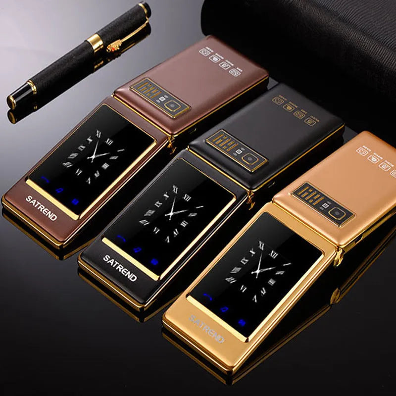 A15 black flip phone open showing large touch screen and external small display.