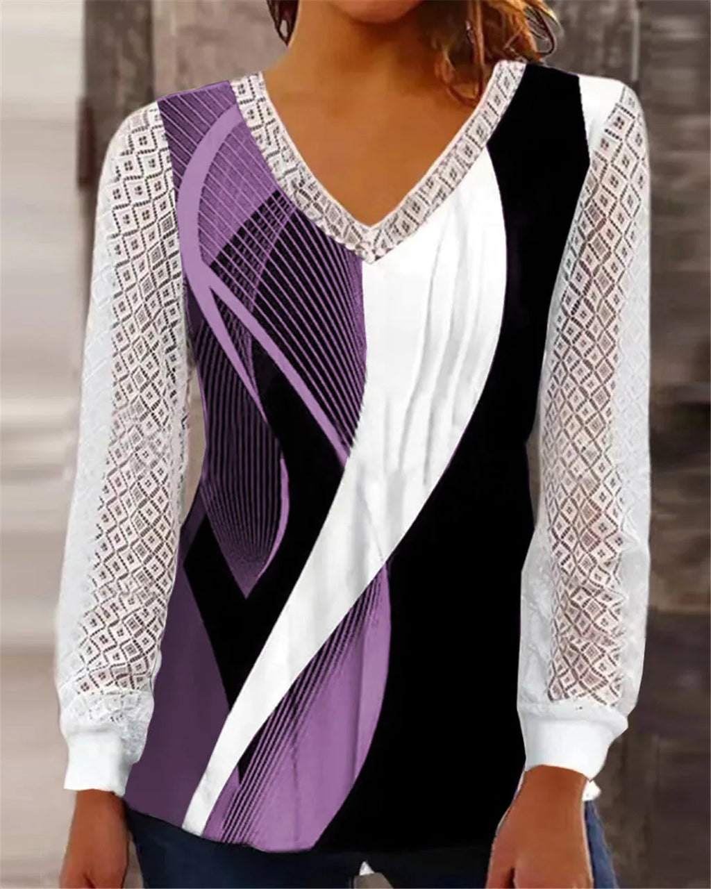 V-neck loose fit lace top in trueran polyester, available in blue, grey, purple, and wine red.