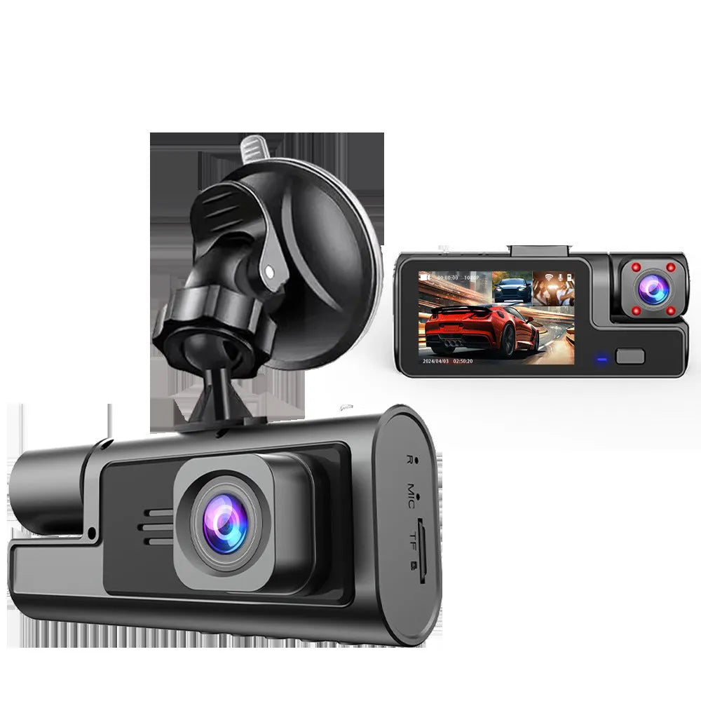 WiFi car dash cam with front and rear cameras showing on 2.0 inch screen with data cable for mobile phone connection