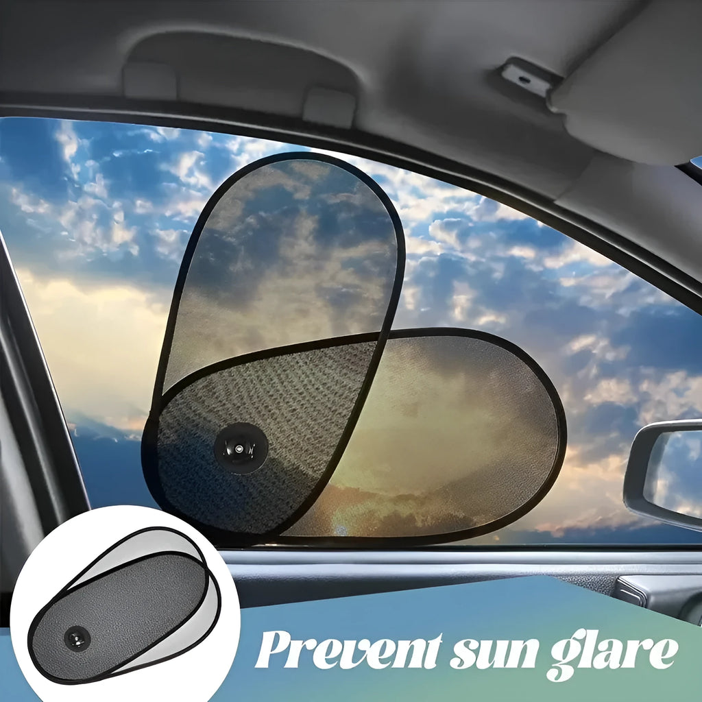 Black stretchy car side window sun shade attached with suction cups, showing adjustable coverage.