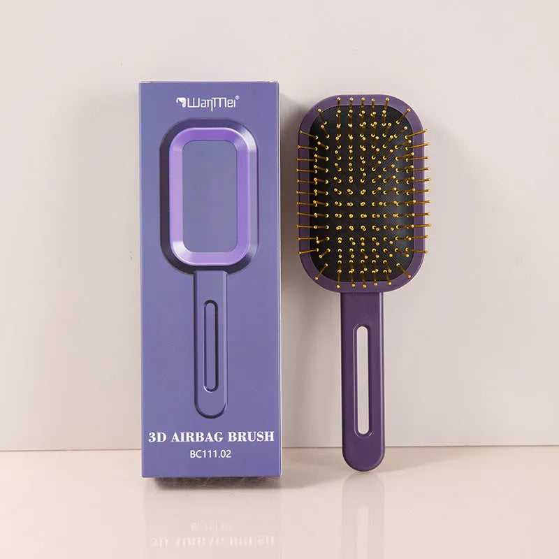 3D air cushion comb with steel needles in black handle pink ring, boxed packaging, over 20cm length