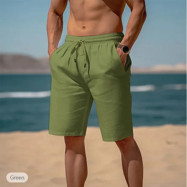 Men's cotton linen drawstring shorts in solid colour with elastic waist for summer beach wear