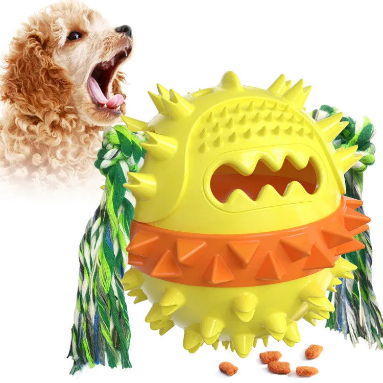 Blue and red TPR rubber dog chew toy with treat dispenser hole and textured surface for aggressive chewers