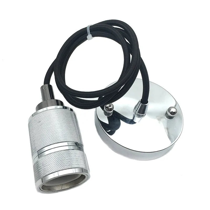 DIY retro chandelier assembly kit components showing braided cord, lamp holder, and hardware in chrome finish