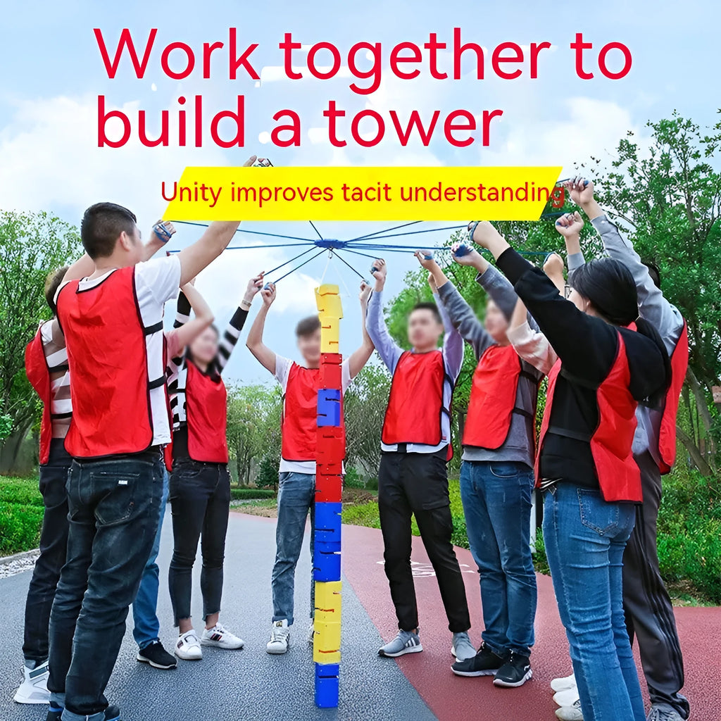 Outdoor team building game equipment set with coloured ABS plastic blocks, ropes, and a hook frame.