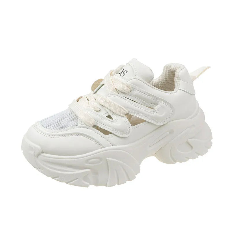 Women's height increasing platform sports casual shoe in beige with thick sole and front lace-up