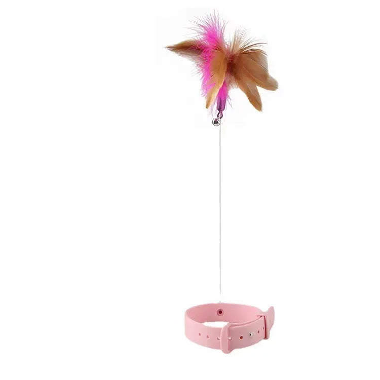 Pink cat collar toy with feather and bell made from steel wire and plastic for neck circumference 17-27cm