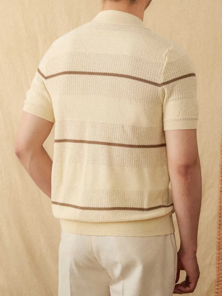 Camel coloured lapel collar short sleeve knitted cardigan made from linen and cotton blend fabric.