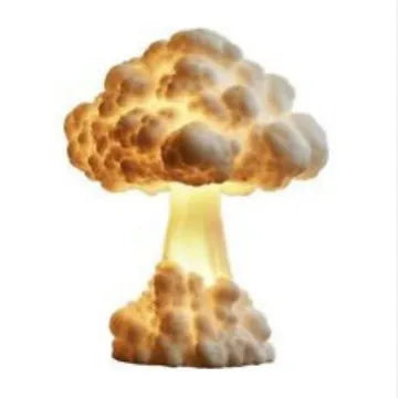 Mushroom cloud shaped modern art table lamp with USB power cable on a table.