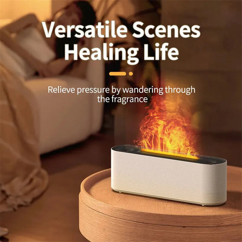 Black and white ultrasonic flame air humidifier and aroma diffuser with LED lights on a table.