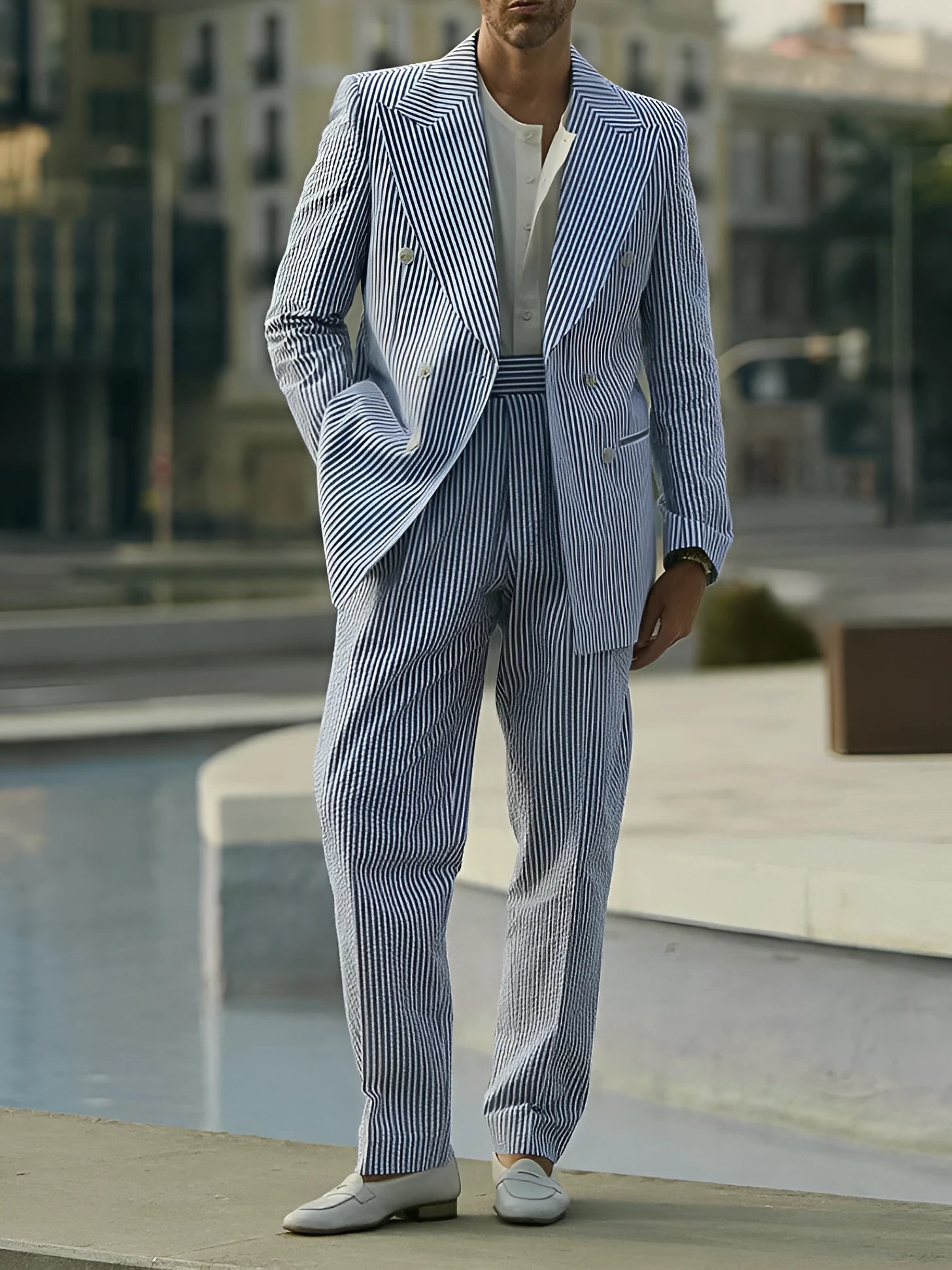 Blue and white striped polyester suit set with blazer and trousers on hanger
