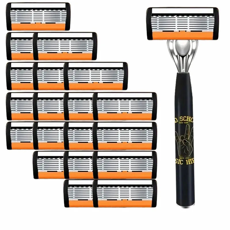 Black manual shaver handle with six-layer replacement blades for beard grooming tools