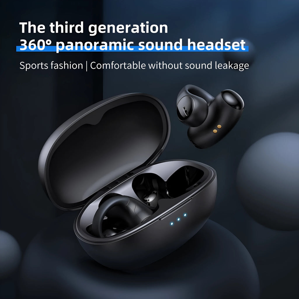 Black and white T306 Bluetooth wireless clip-on sports gaming earphones on ear hook.