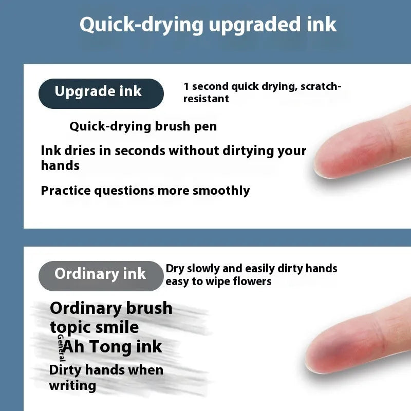 Four quick-drying pen refill cartridges showing black, blue, red, and ink blue colours with 500m writing length text.