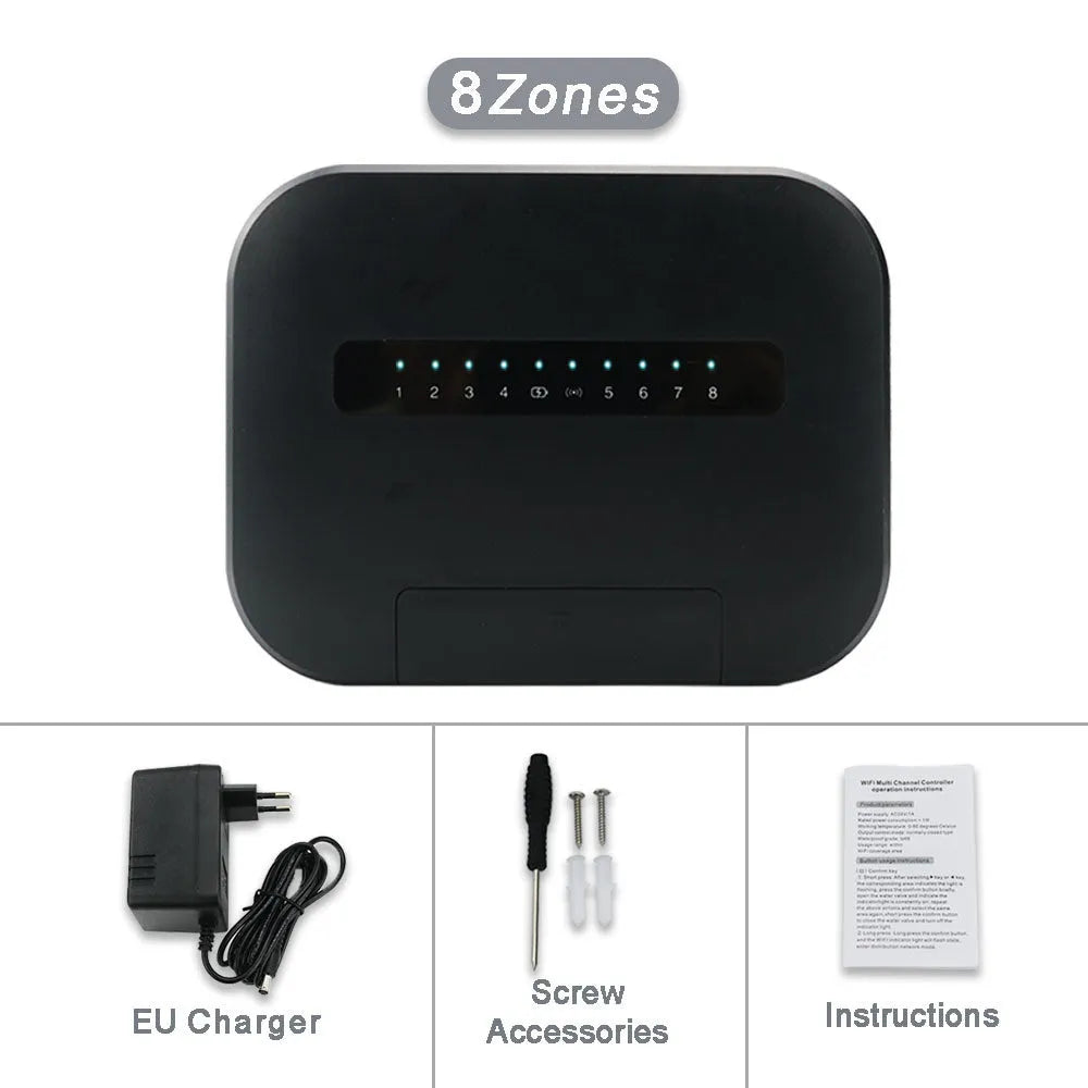 8-way smart water valve irrigation controller with wireless bridge, available in white green gray and black for EU garden use