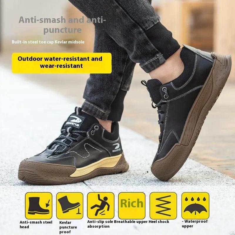Flyknit leather safety work shoes with rubber soles in black, khaki, grey and insulated brown colour options