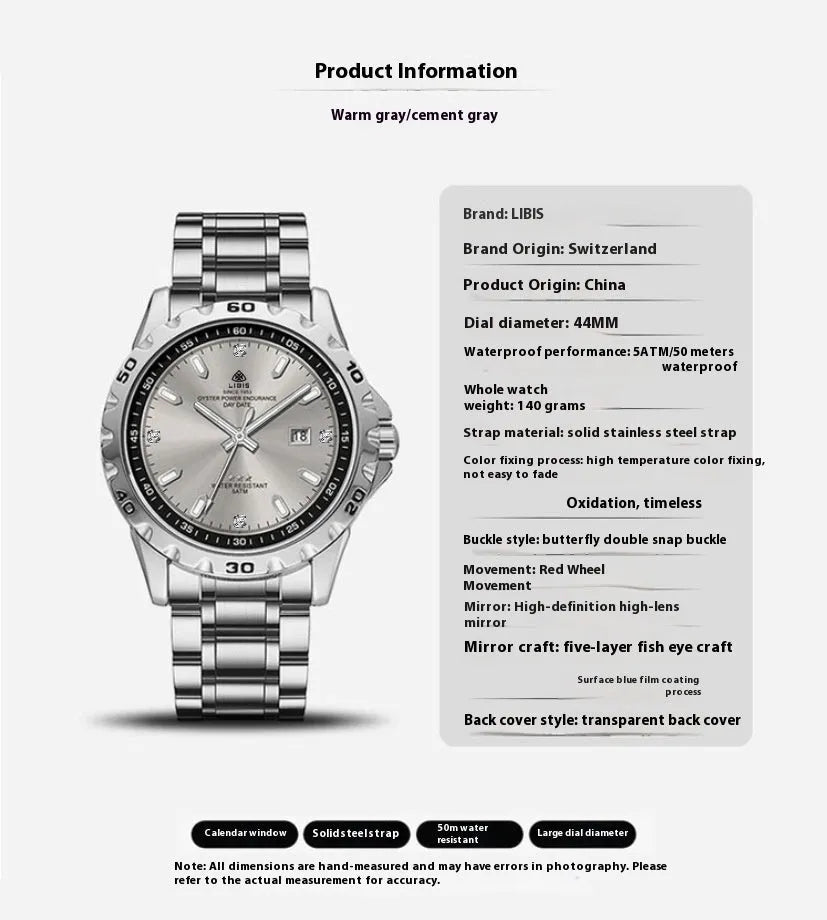 Men's silver stainless steel watch with luminous hands and sapphire crystal glass