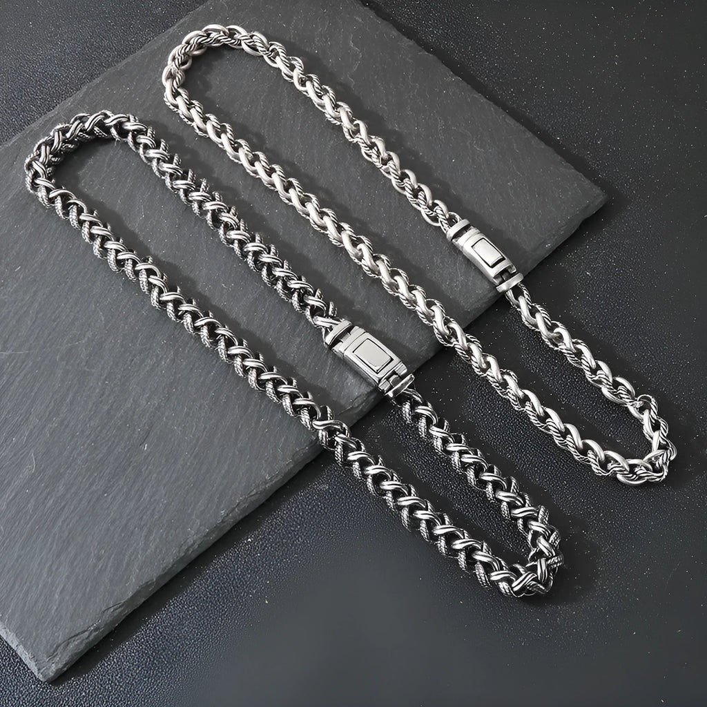 Men's titanium steel keel chain necklace with vintage antique silver finish and geometric pendant