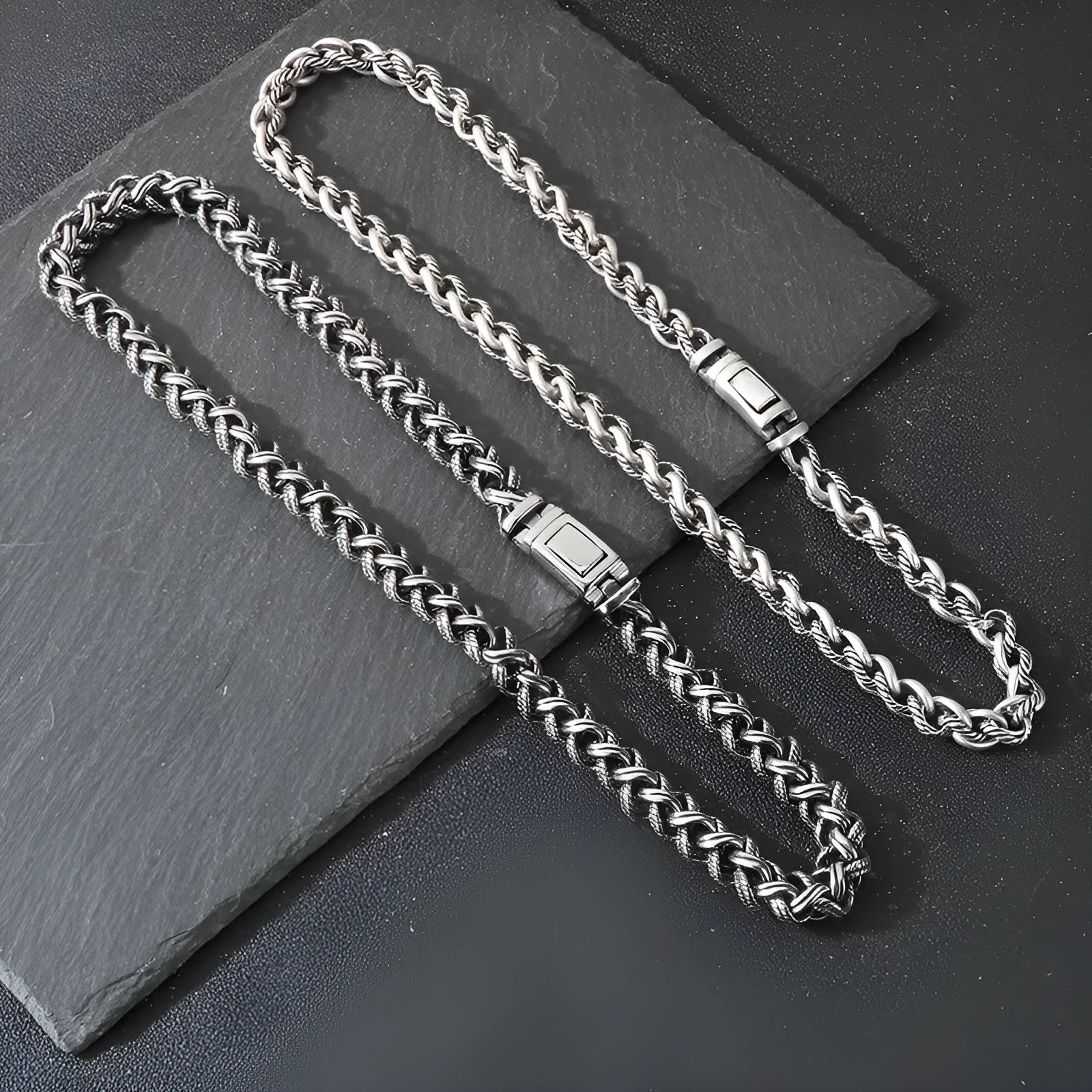 Men's titanium steel keel chain necklace with vintage antique silver finish and geometric pendant