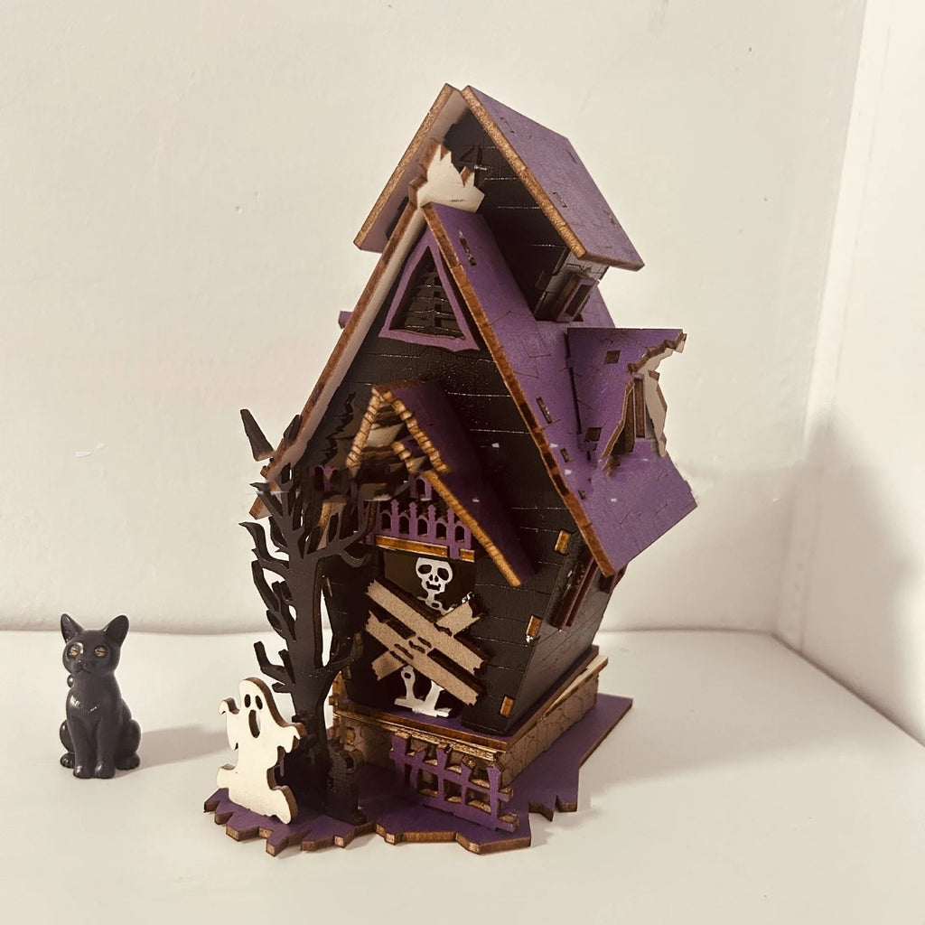 DIY wooden glowing haunted house Halloween table decoration for candles