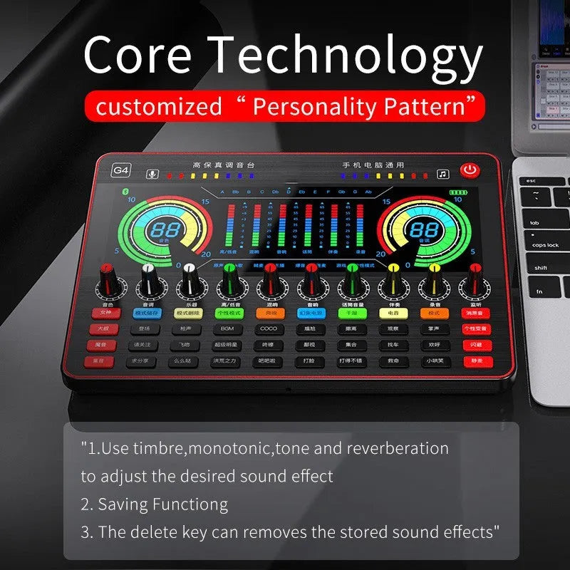 G4 professional sound card mixer with LCD display, microphone, remote control, and audio cables