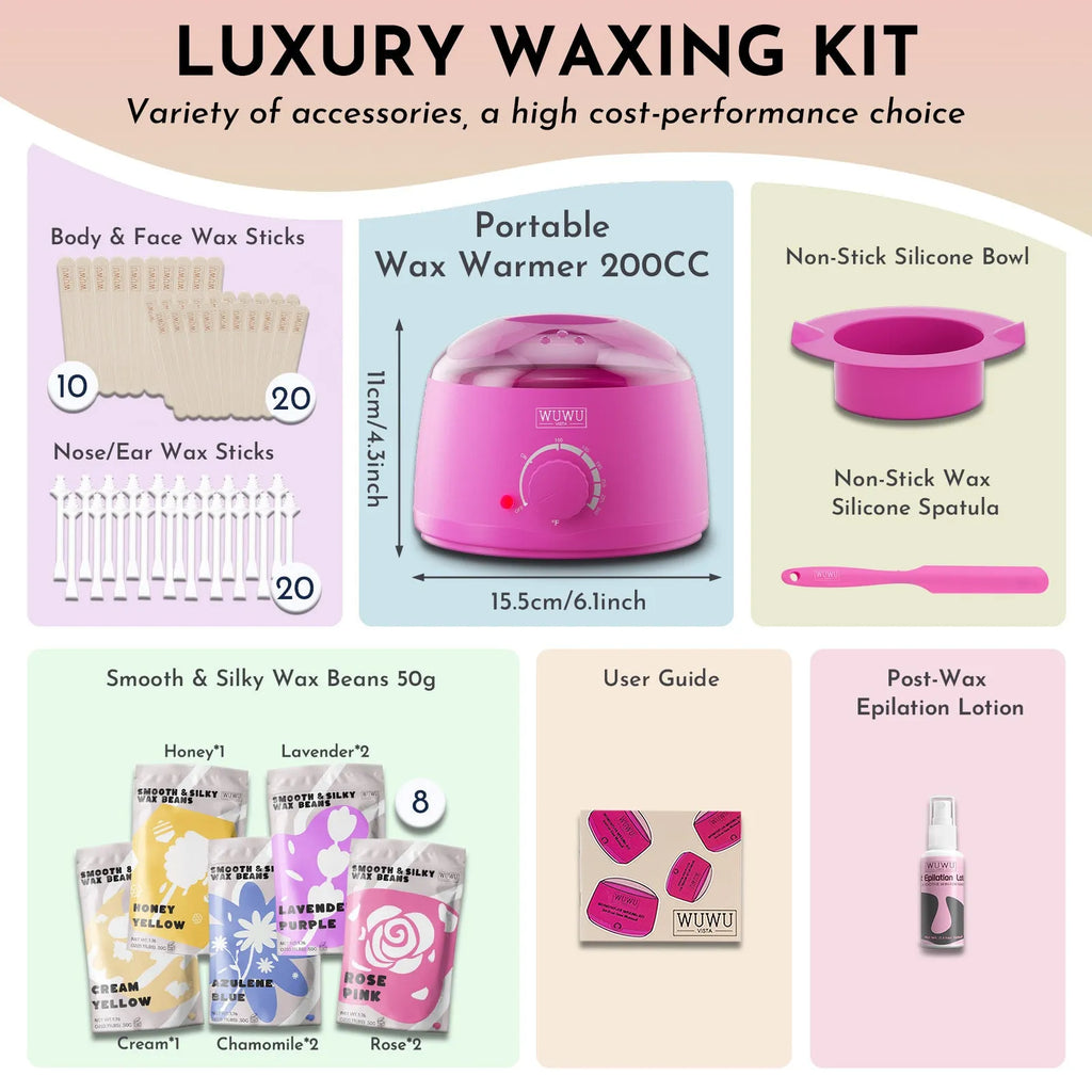 WUWUVISTA 63-piece hard wax hair removal kit with electric warmer, wax beads, and applicators