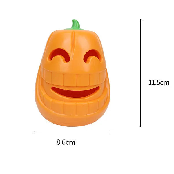 Orange Halloween pumpkin shaped dog chew toy with a treat-dispensing funnel hole.