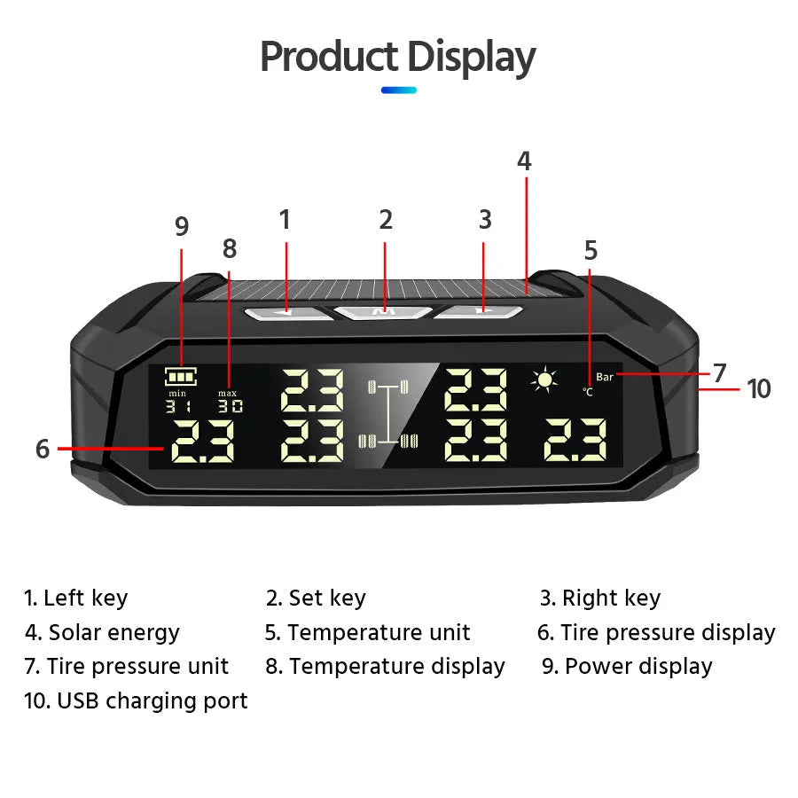 Solar external tire pressure monitor with LCD display and 6 sensors for RV and truck use
