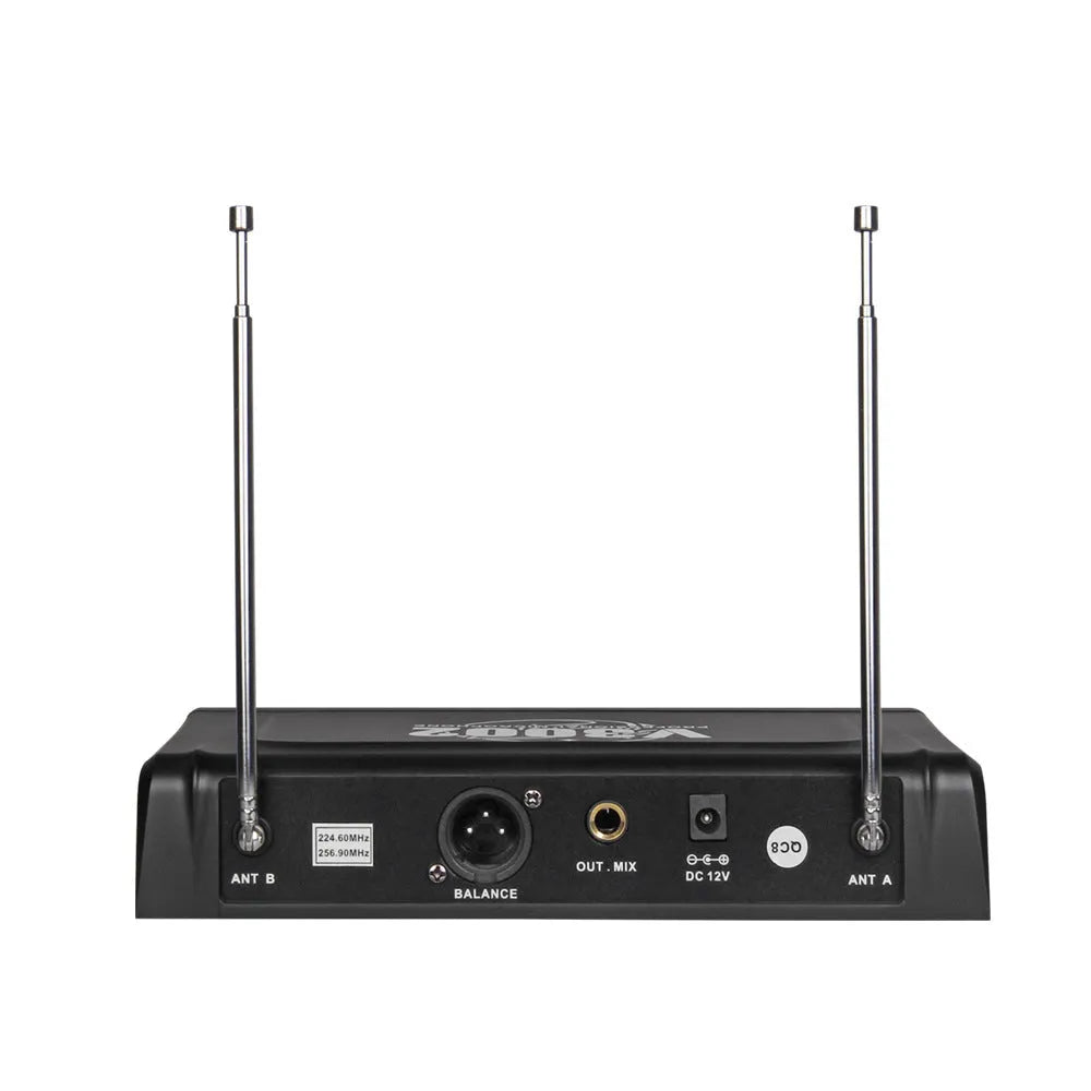 Black V-3002 wireless handheld microphone set with two mics and a transmitter on a dark surface.