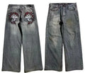 Men's grey wide-leg straight-cut jeans with a washed-out retro workwear design.
