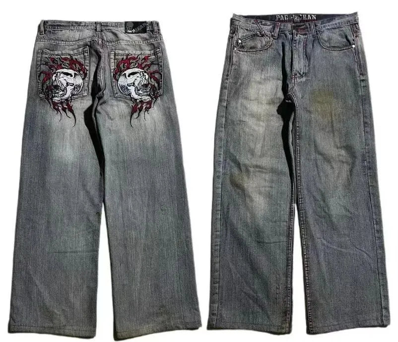 Men's grey wide-leg straight-cut jeans with a washed-out retro workwear design.