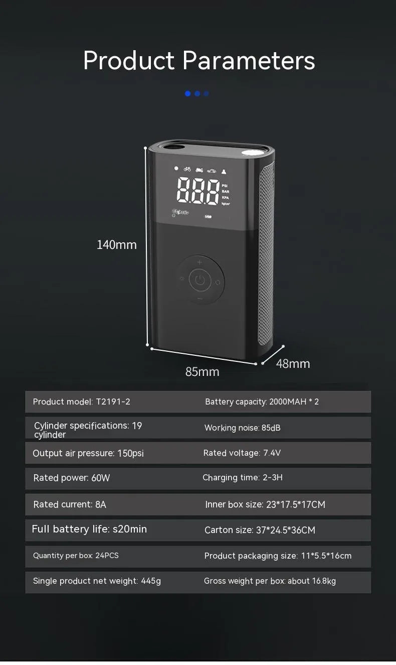 T2191-2 handheld wireless digital display air pump with LED light and multiple nozzle attachments on a table.
