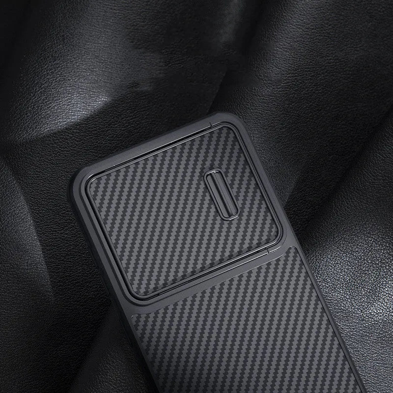 Black carbon fibre pattern phone case for Samsung S23 Ultra with rear lens cover closed.