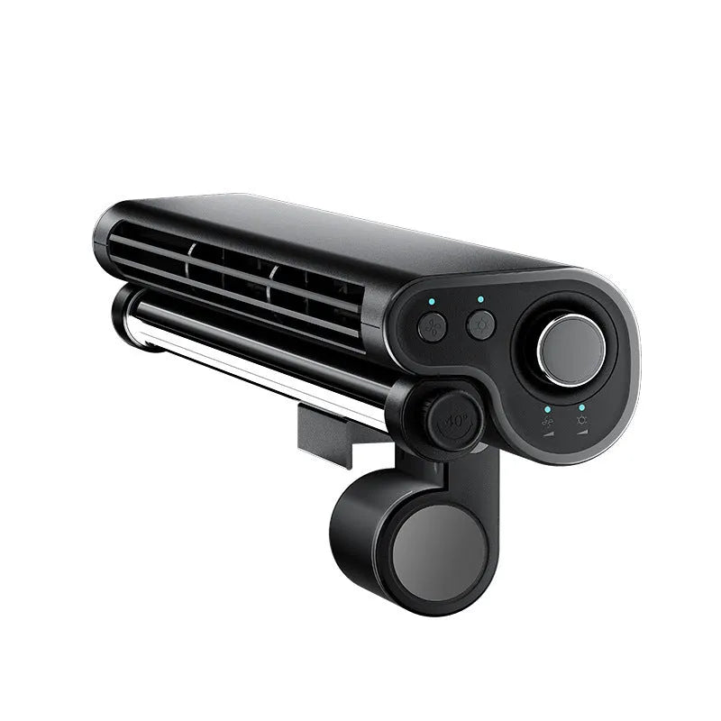 Black bladeless USB fan with lighting lamp and laptop screen clip attachment for computer cooling