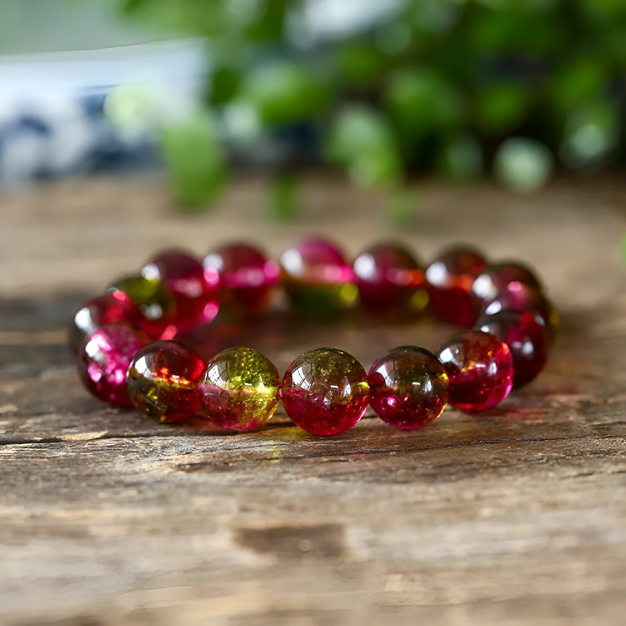 Handmade watermelon crystal bracelet showing pastoral design details on a wrist.