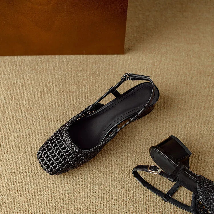 Women's woven hollow-out closed toe sandals with chunky heel and buckle closure in beige and black