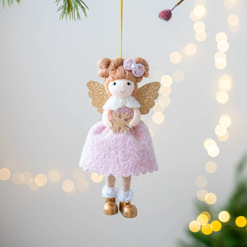 Pink and white cloth angel wings plush pendant Christmas ornament.