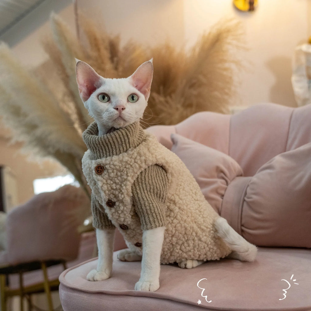 Lambswool plush cat vest with buckle fastening on a cat showing side view