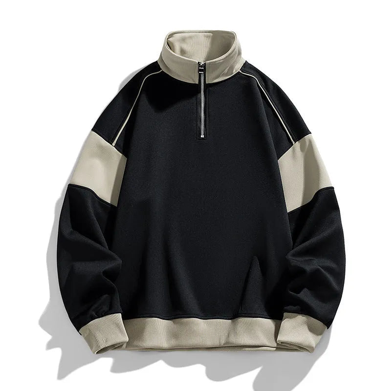 Men's beige rabbit fur corduroy hooded pullover sweater with drop shoulders and loose lapels on a hanger.