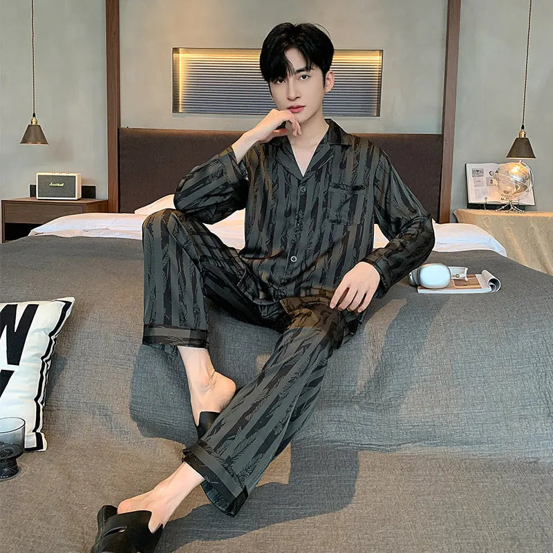 Men's black stripes ice silk pyjama set with V-neck top and long trousers