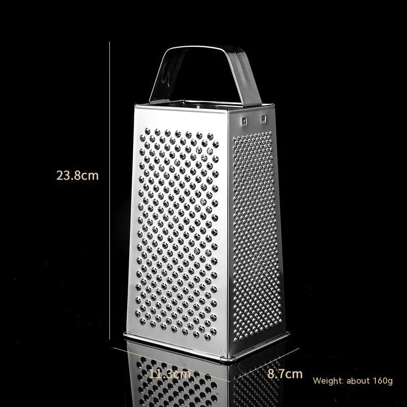 Multifunctional stainless steel vertical grater with cylindrical handle on a kitchen counter