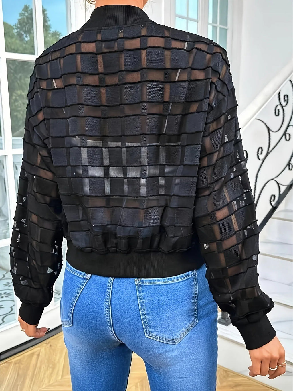 Black women's casual jacket with geometric pattern and semi-transparent thread zipper