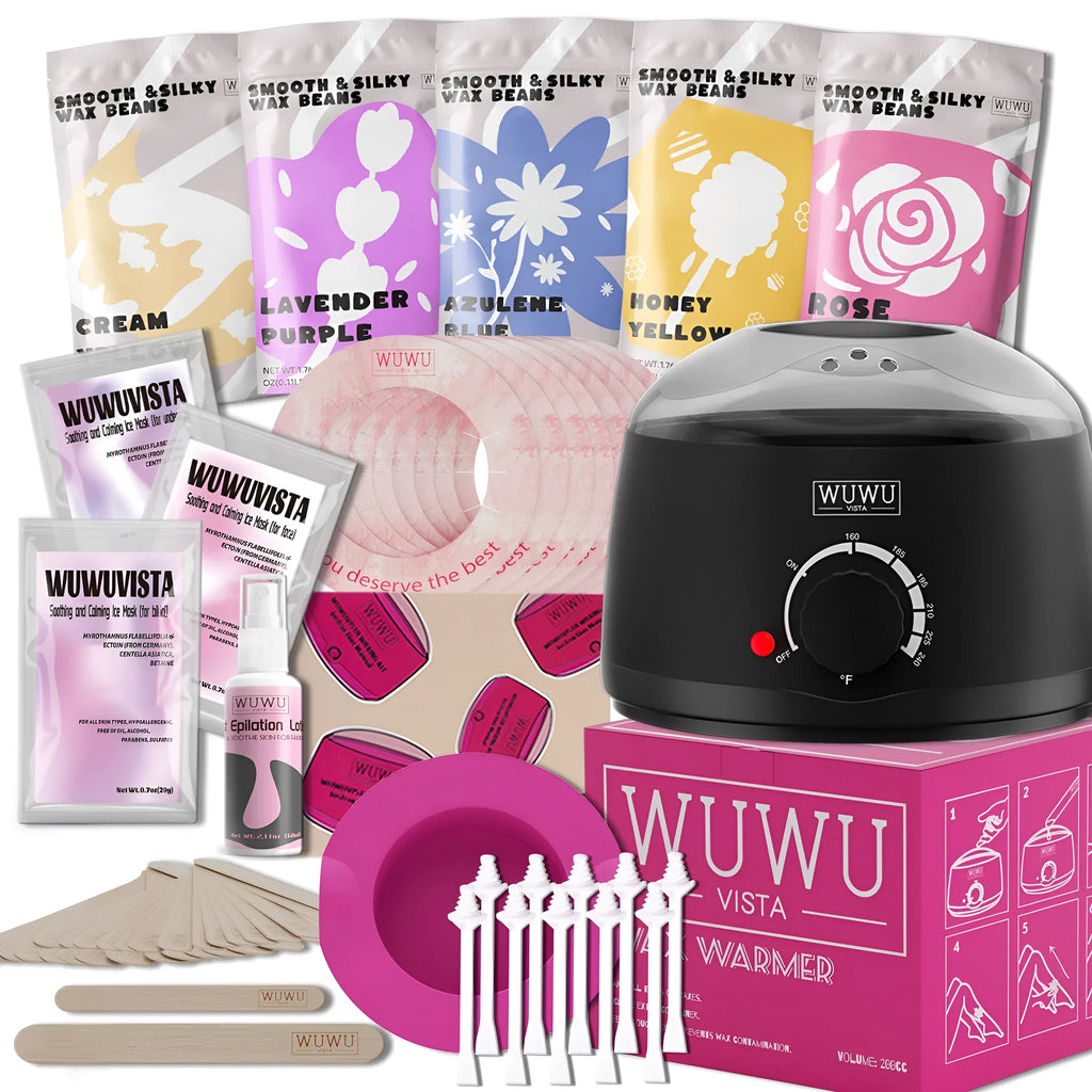 Professional waxing kit with wax warmer, hard wax beans, tools and aftercare products for hair removal