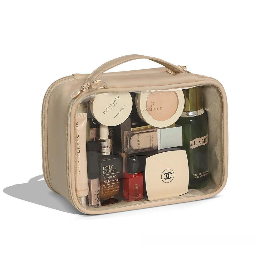 Transparent PVC cosmetic travel bag with waterproof construction and multiple colour options