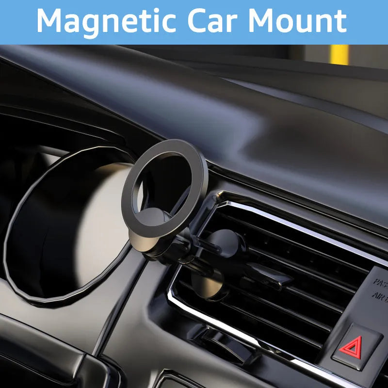 Black magnetic car air vent phone holder with O-ring clip attached to a vehicle vent
