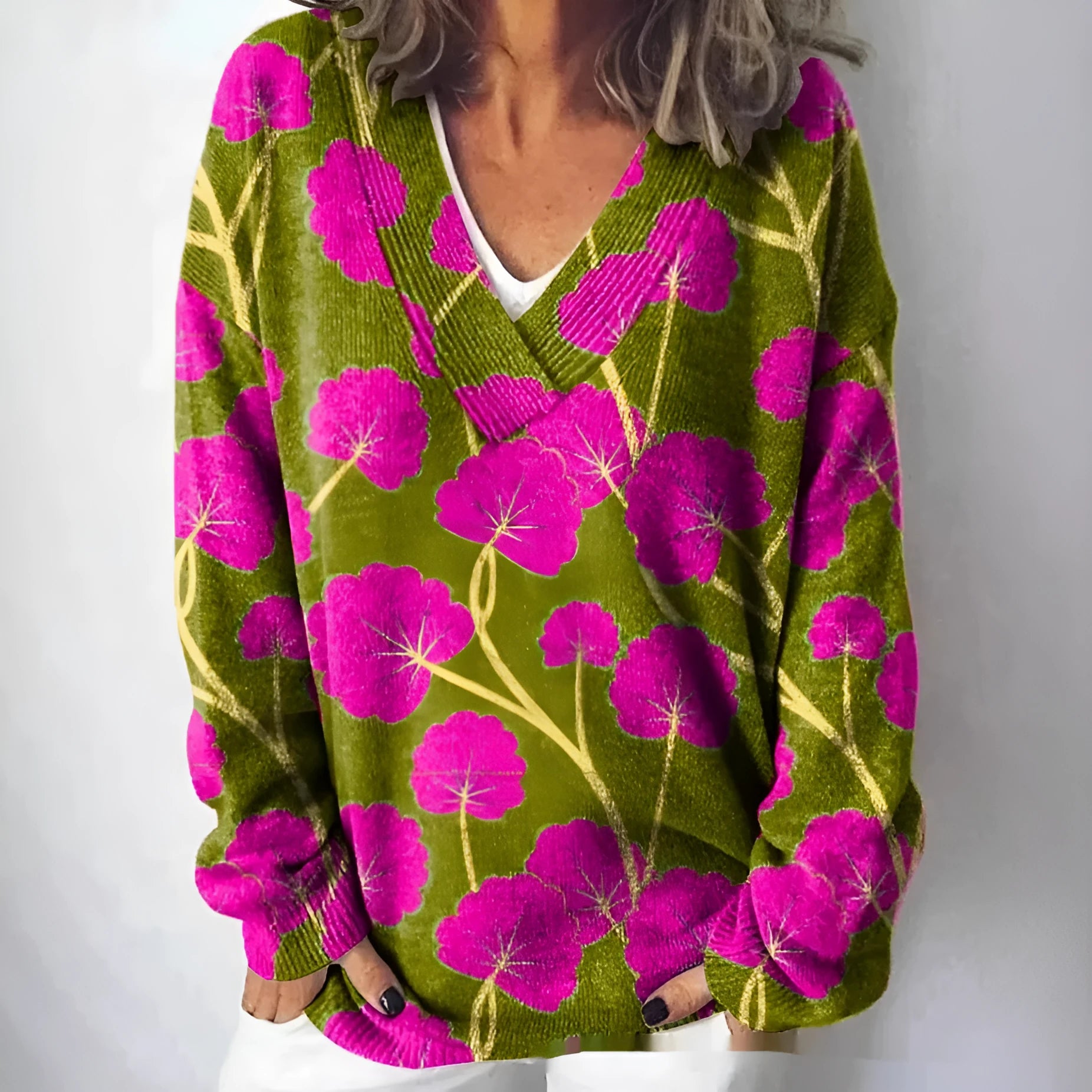 Women's floral printed sweatshirt with 3D pattern effect, V-neck pullover style in wool woven polyester fabric